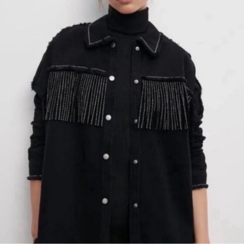 Zara denim jean jacket with  rhinestone fringes brand new